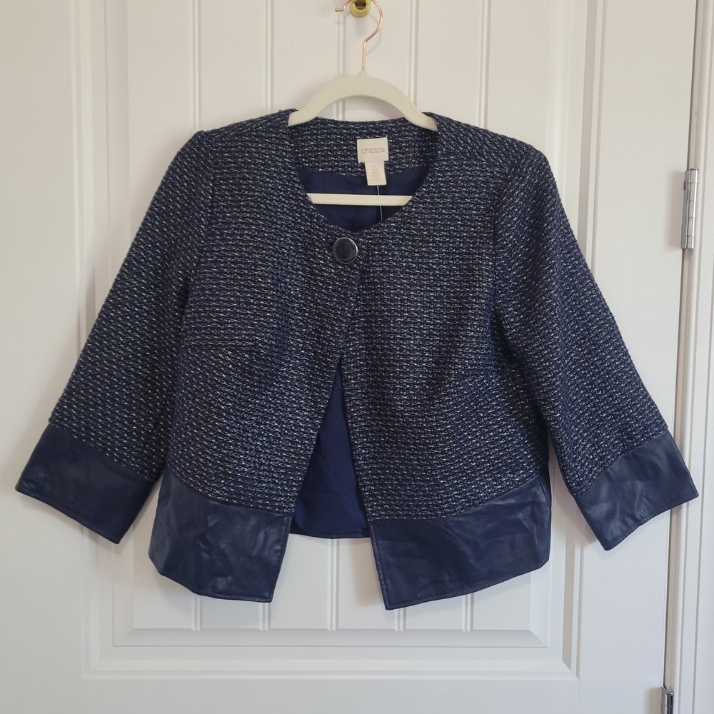 NWT Chico's Tweed Jacket Womens Size 0 Deep Navy Blue Faux Leather Trim Career‎